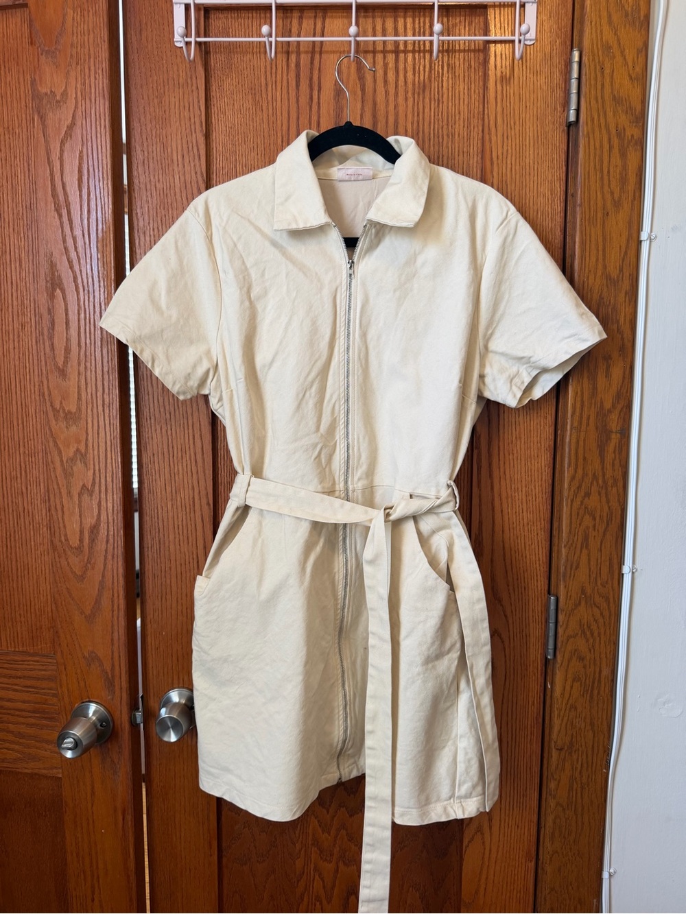 Showpo Cream Zip-Front Short Sleeve Shirt Dress with Belt